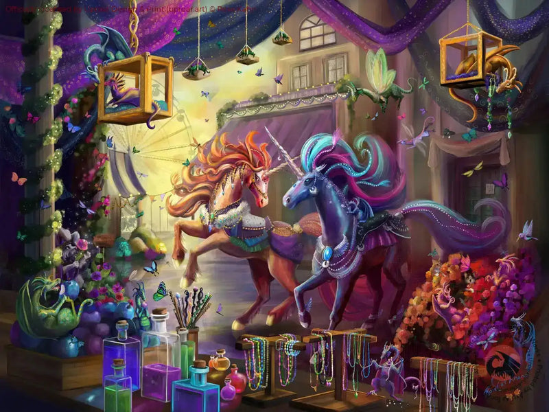 Unicorn art print with magical creatures and jewelry