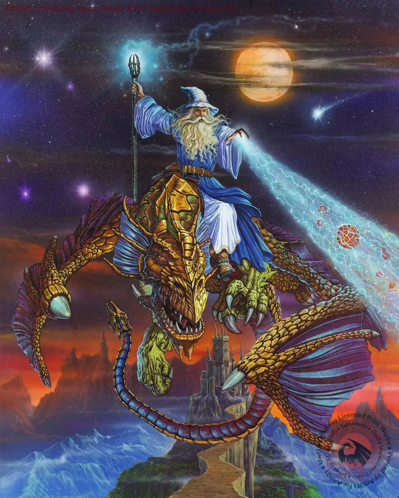 Wizard riding a dragon under a starry sky with a full moon, fantasy artwork poster