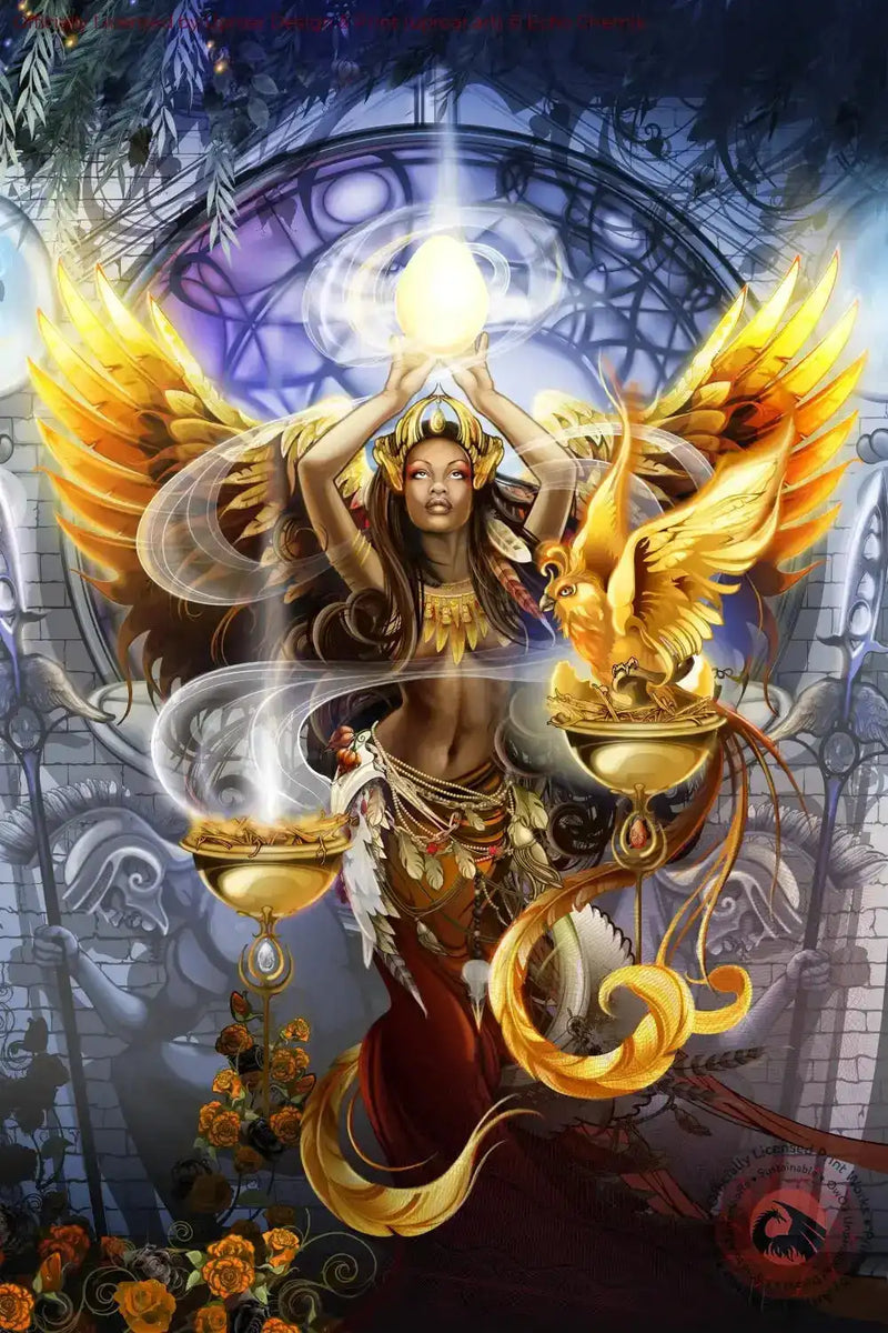 Fantasy artwork featuring a woman with golden wings holding a glowing egg, surrounded by mystical elements and a phoenix