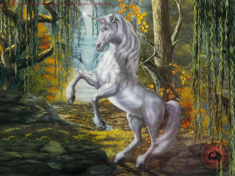 Unicorn of The Willow Colored art print with a majestic white unicorn rearing in a lush forest with waterfalls and autumn foliage