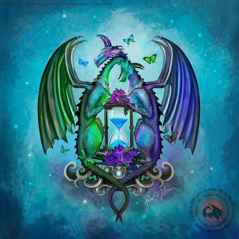 Fantasy dragon art print with butterflies and hourglass