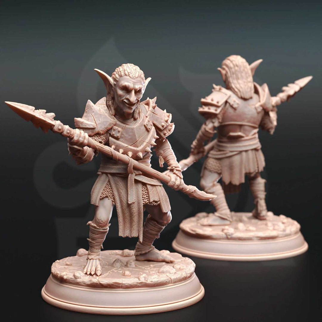 Fantasy goblin warrior scale model with spear on display