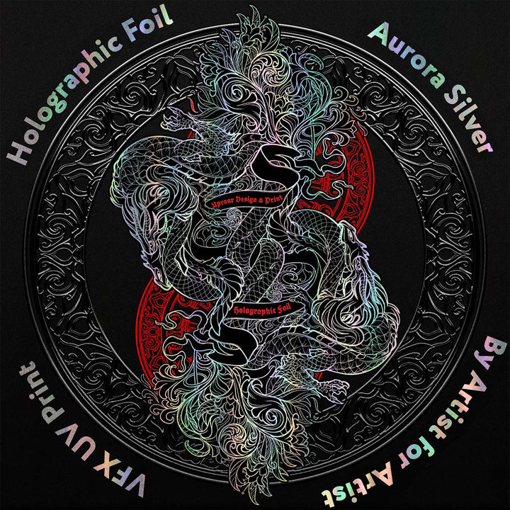 Decorative design with dragon and intricate patterns on a black background, featuring holographic foil and Aurora Silver text.