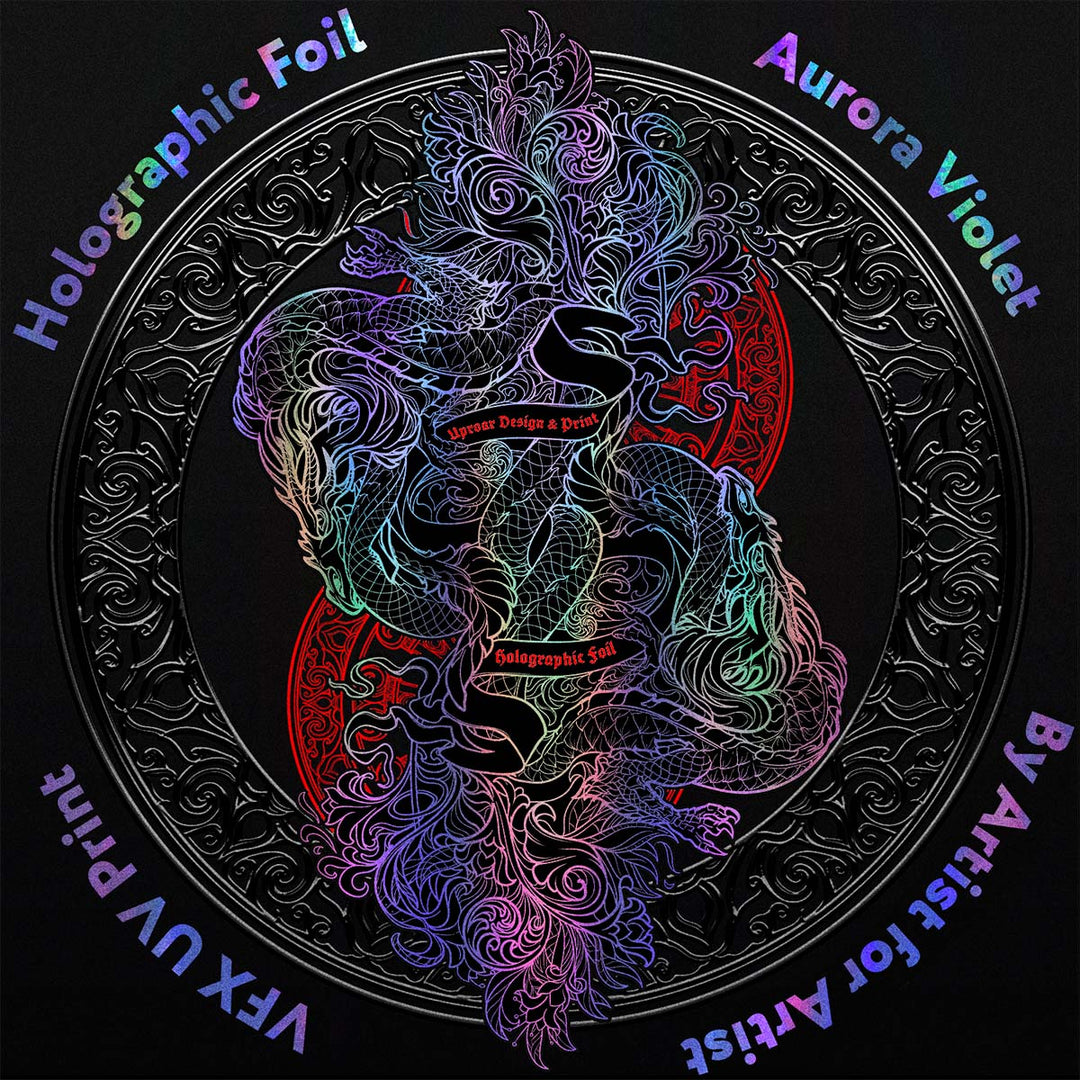 Colorful, intricate design of a dragon with text about holographic foil and Aurora Violet on a black background.