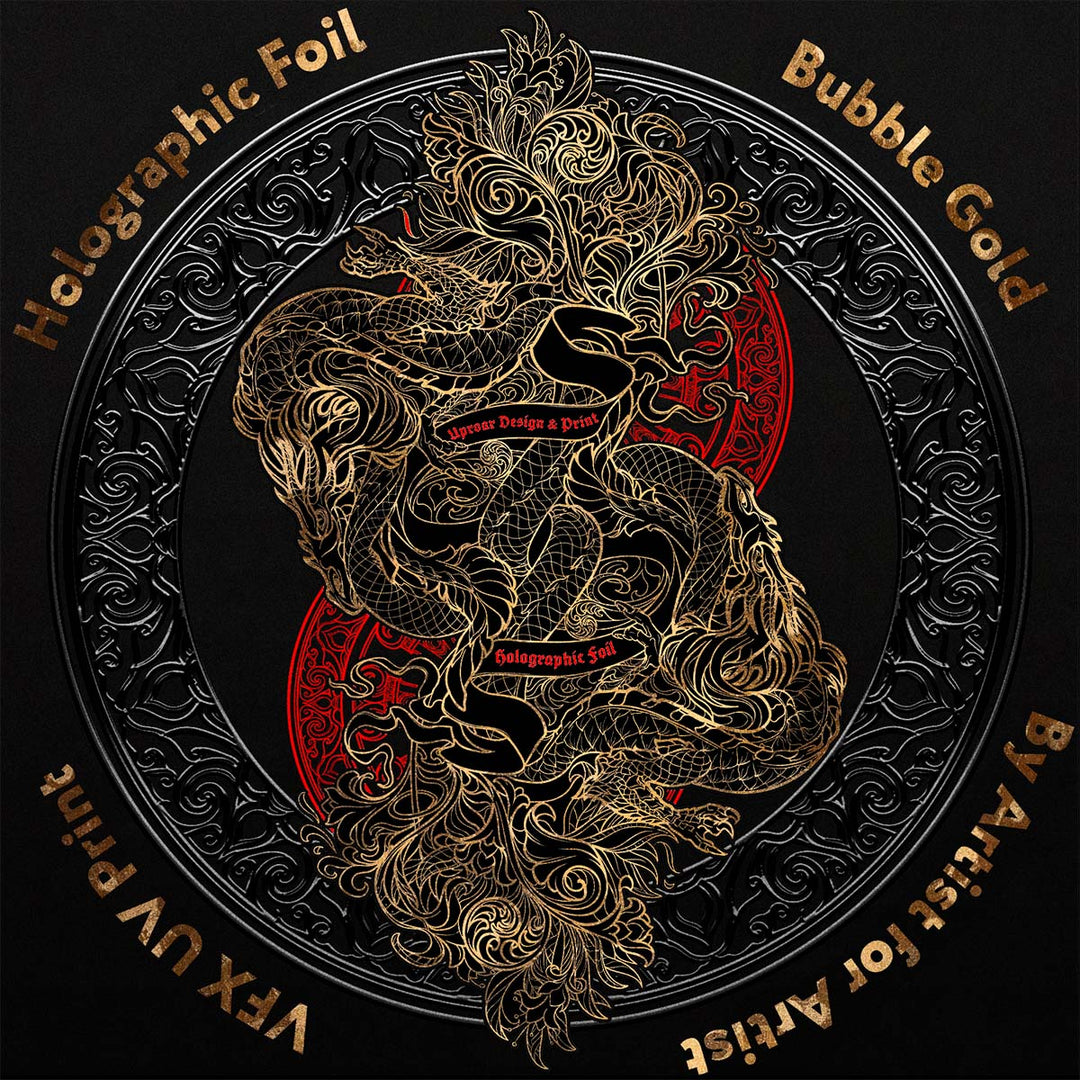 Decorative design with a dragon and intricate patterns on a black background, featuring text about foil and bubble gold.