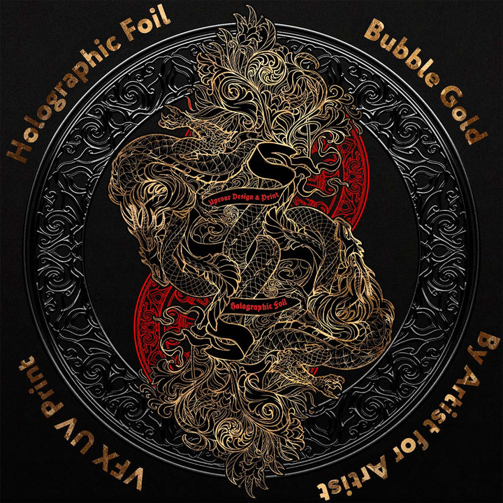 Decorative design with a dragon and intricate patterns on a black background, featuring text about foil and bubble gold.