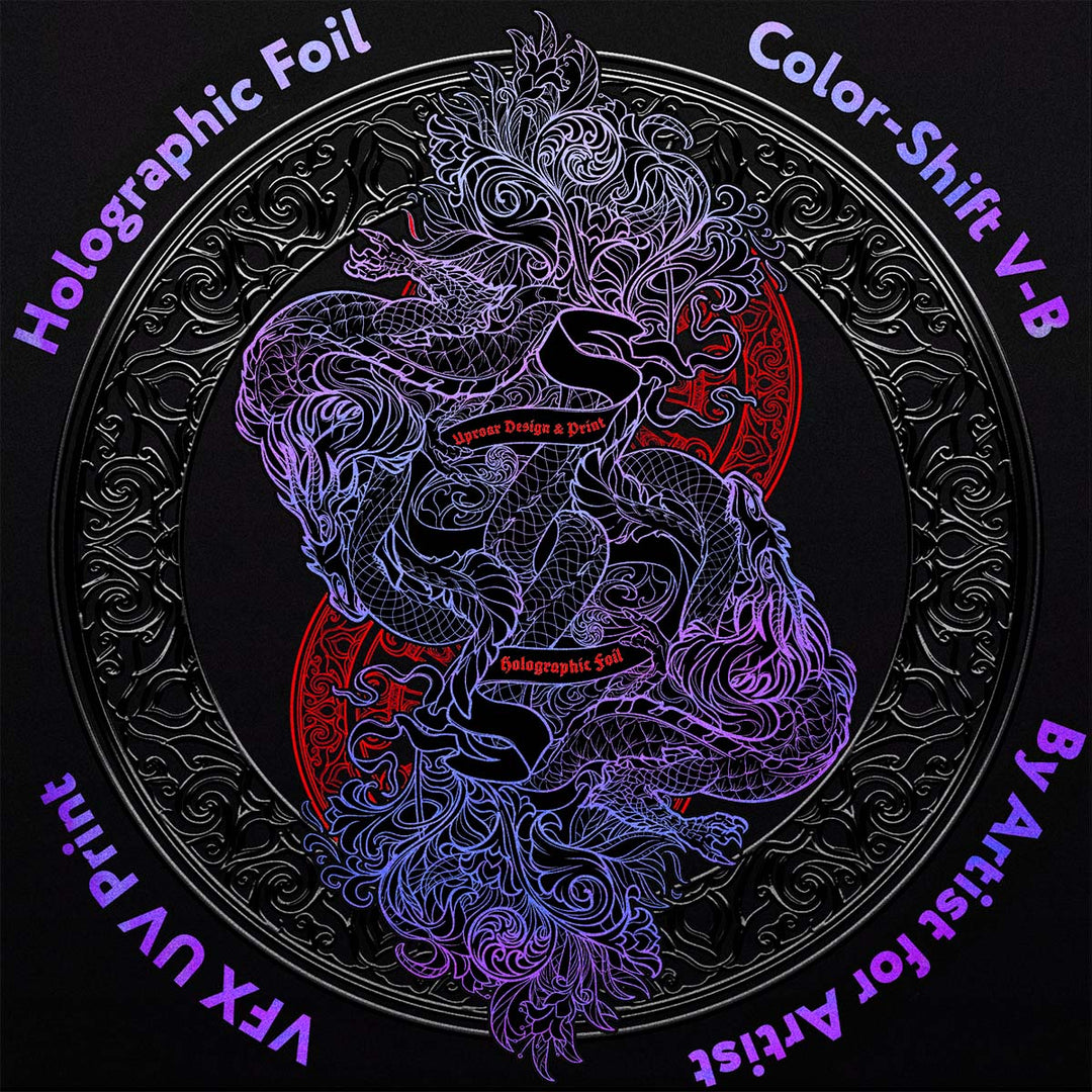 Holographic foil with a dragon design and text on a black background