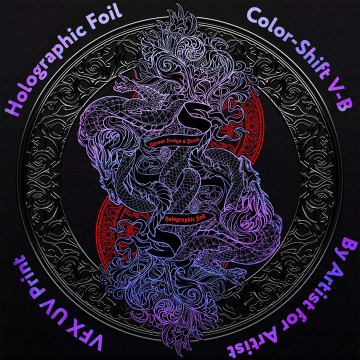 Holographic foil with a dragon design and text on a black background