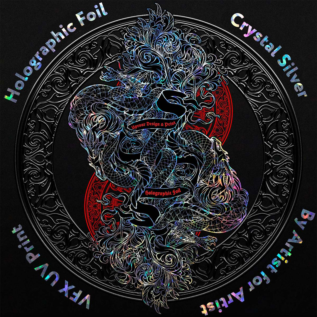 Holographic foil design with intricate patterns and text on a black background