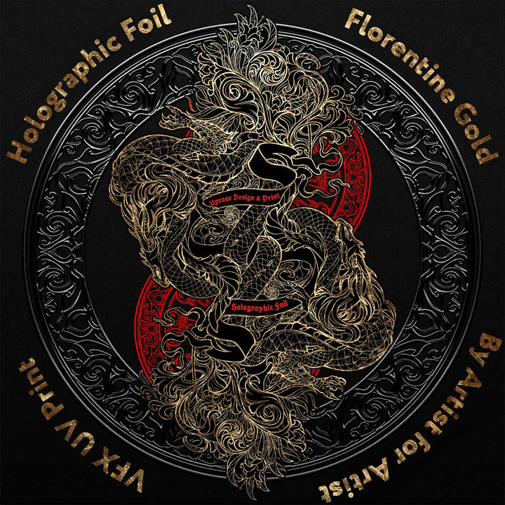 Decorative design with intricate patterns and text on a black background