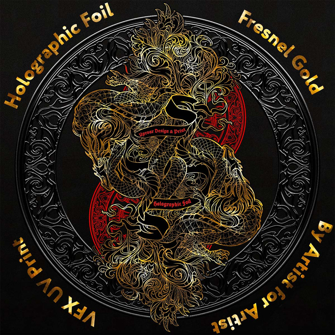 Decorative design with a dragon and intricate patterns on a black background, featuring holographic foil and Fresnel gold.