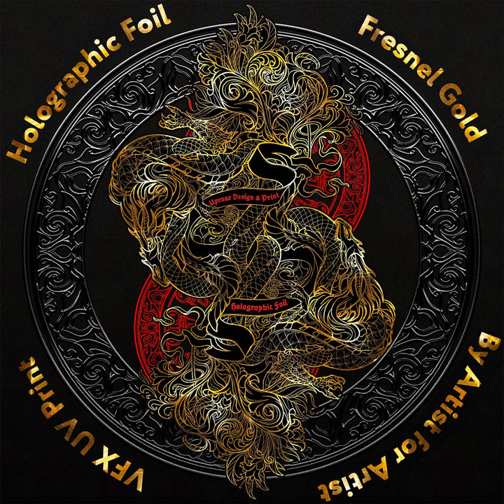 Decorative design with a dragon and intricate patterns on a black background, featuring holographic foil and Fresnel gold.