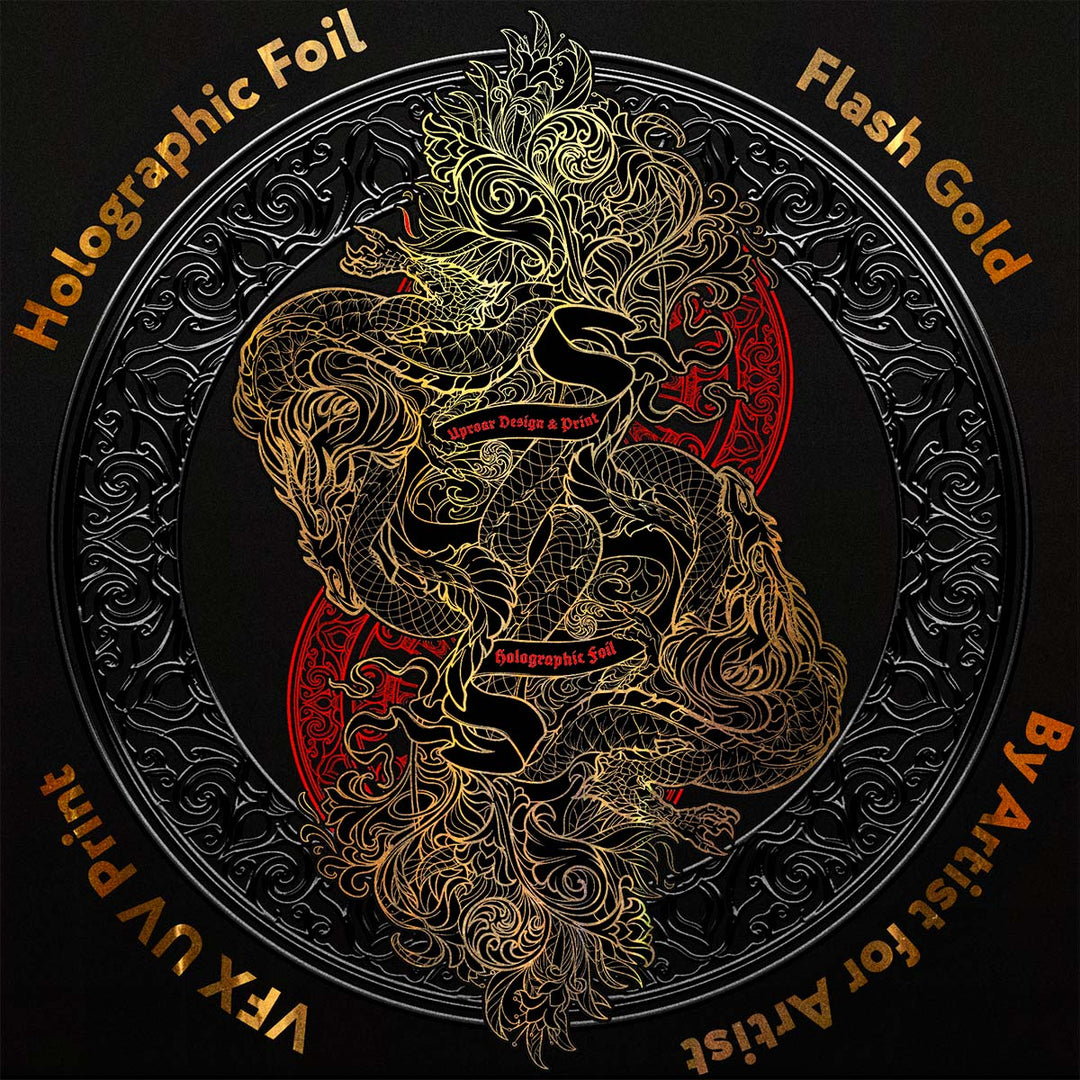 Holographic foil with dragon design and text on a black background