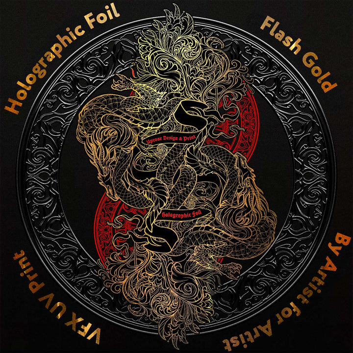 Holographic foil with dragon design and text on a black background