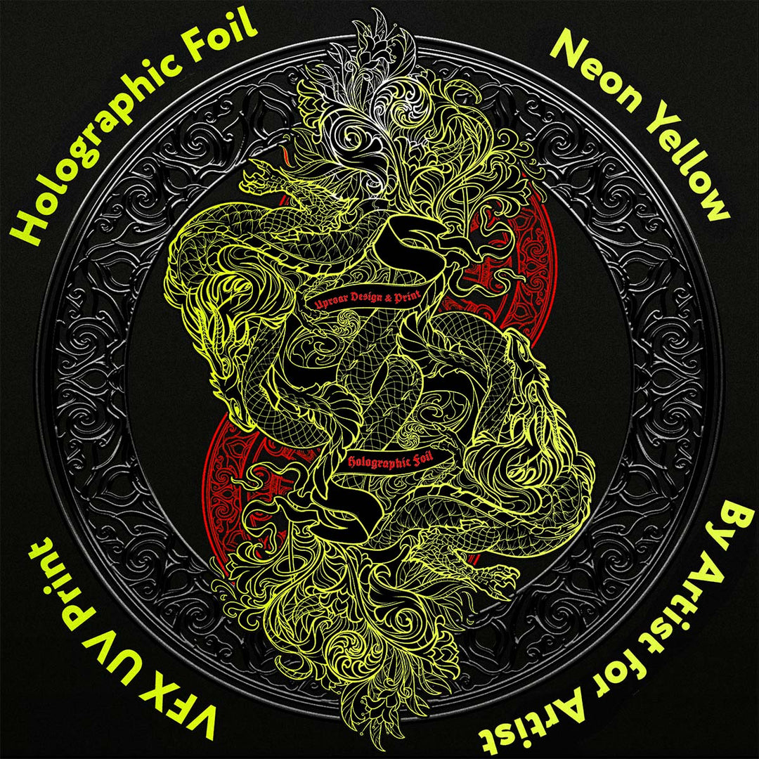 Decorative design with a dragon illustration on a black background, featuring holographic foil and neon yellow elements.
