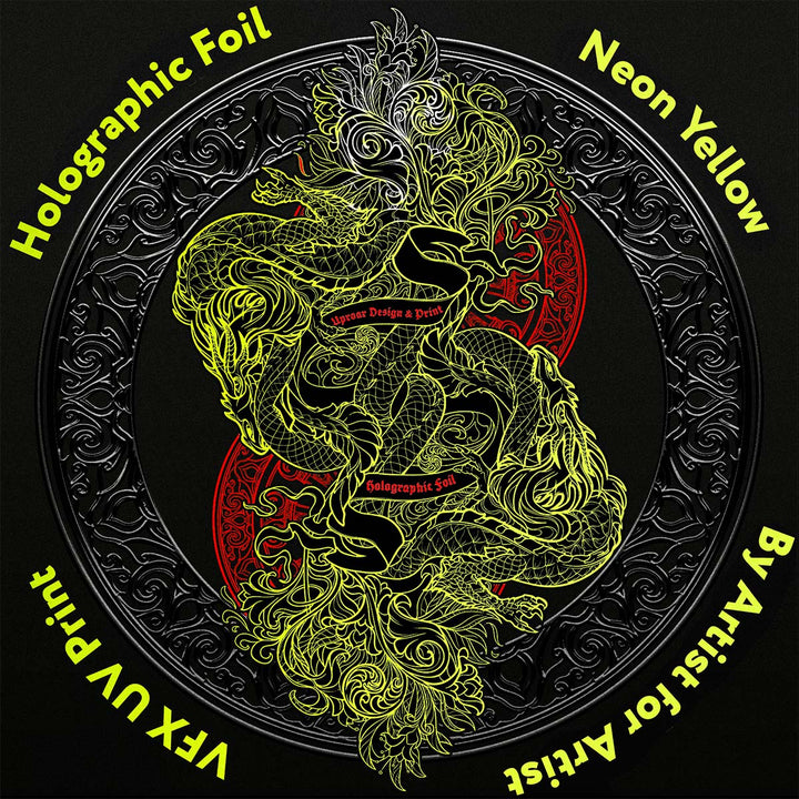 Decorative design with a dragon illustration on a black background, featuring holographic foil and neon yellow elements.