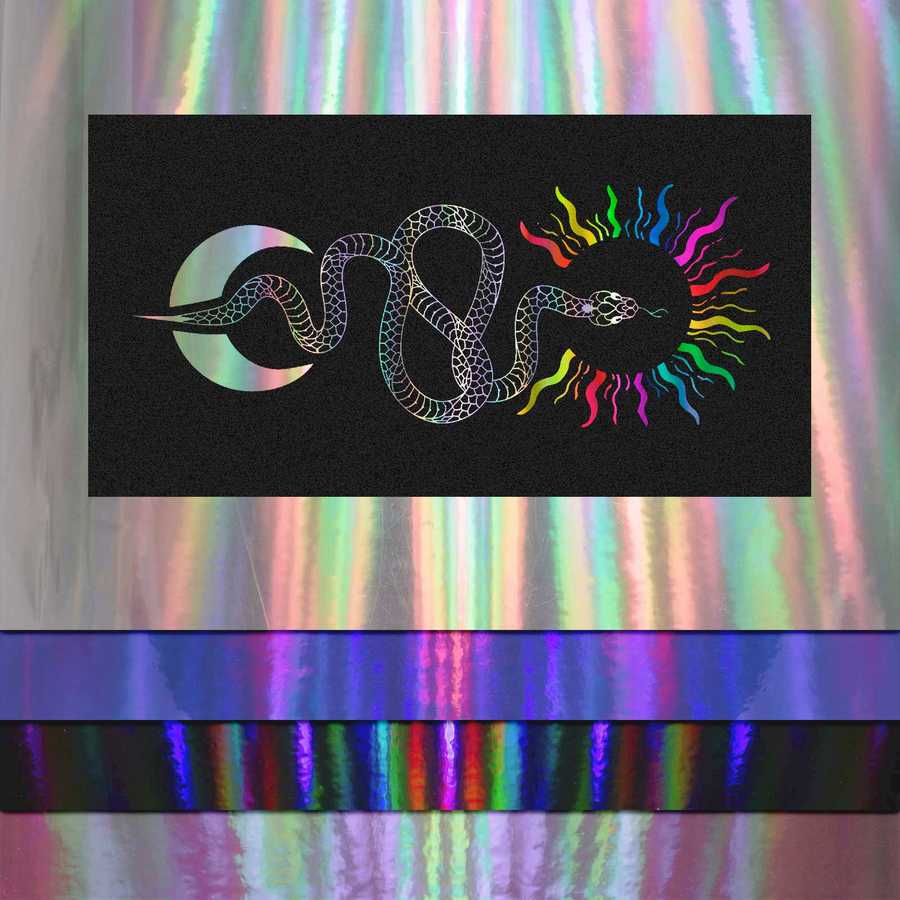 Decorative mat with a snake design on a multicolored background