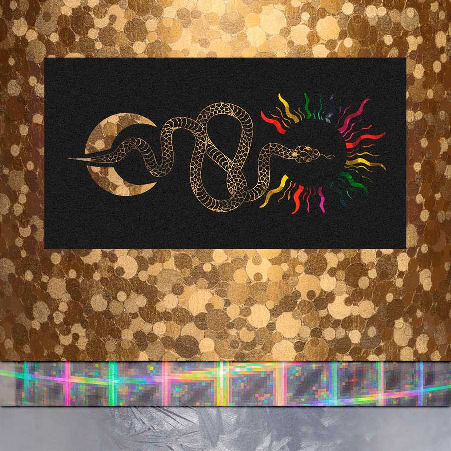 Decorative mat with snake design on a textured gold background