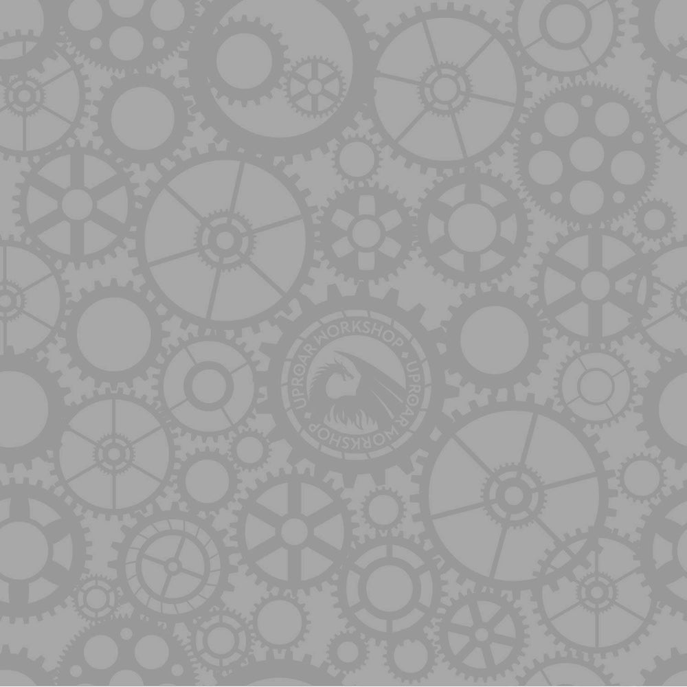 Gray background with interconnected gear cogs pattern, featuring the Uproar Workshop logo with a horse head and circular text