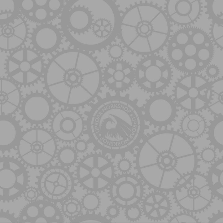 Gray background with interconnected gear cogs pattern, featuring the Uproar Workshop logo with a horse head and circular text