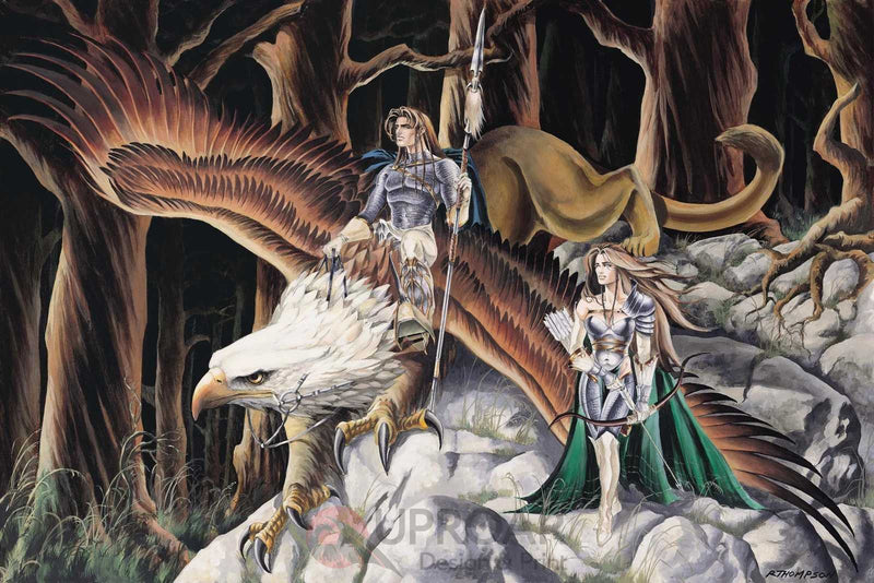 Fantasy artwork of two armored female warriors with a giant eagle and a lion in a forest setting, detailed illustration for home decor prints