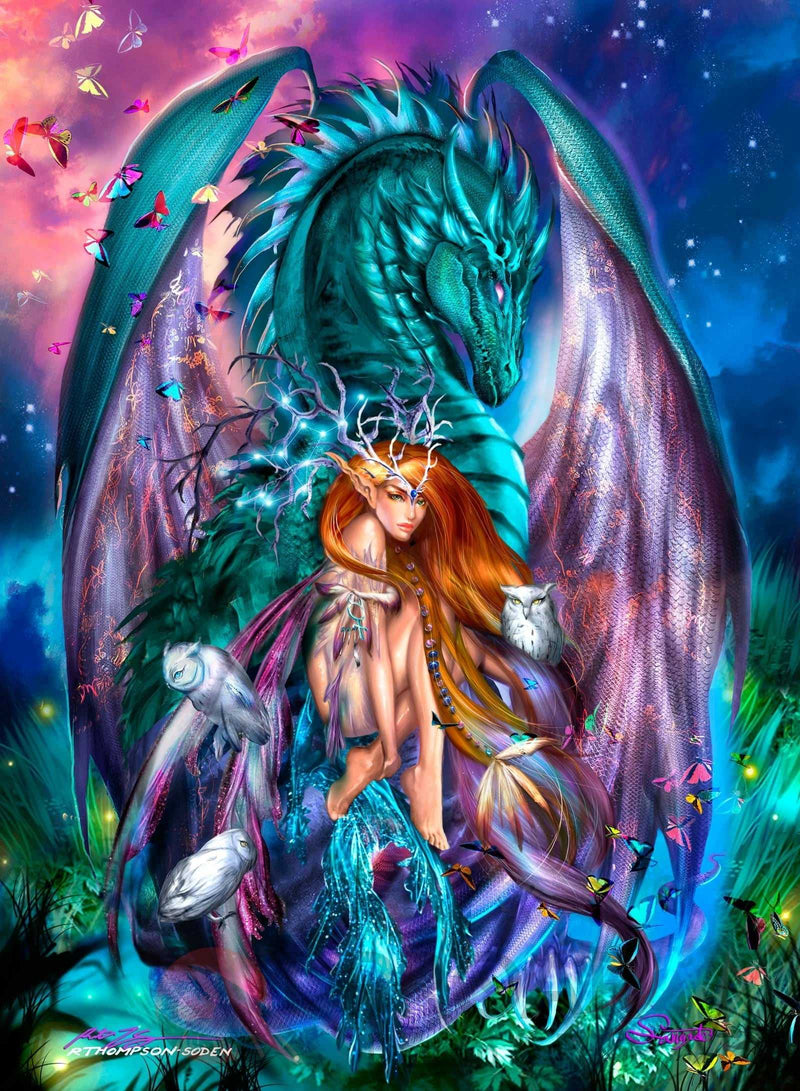 Dragon Queen fantasy art print with butterflies and owl