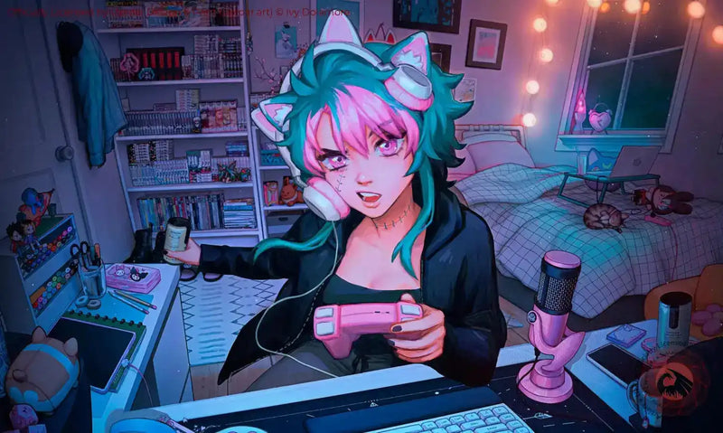 Anime-style art print of a girl with cat ears and colorful hair in a cozy bedroom