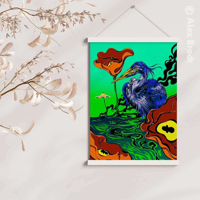 Vivid custom printed wall scroll featuring a blue heron with a long beak, surrounded by stylized flowers and swirling water, vibrant green background, art & photo printing services - SKU: 12345