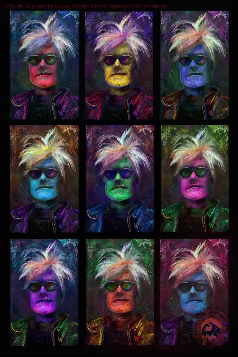 Warhol pop art poster with vibrant colors and portrait of a man with spiky hair and sunglasses