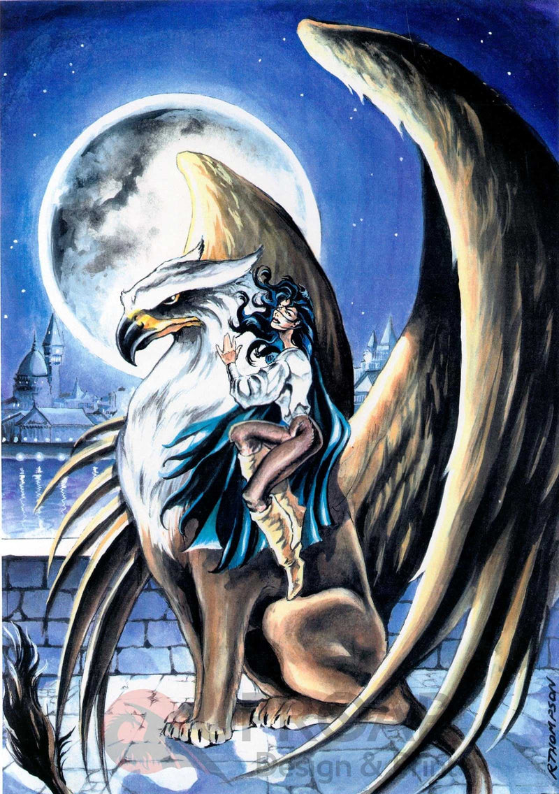 Fantasy art print of a woman with a wolf and a large moon in the background, dark blue night sky