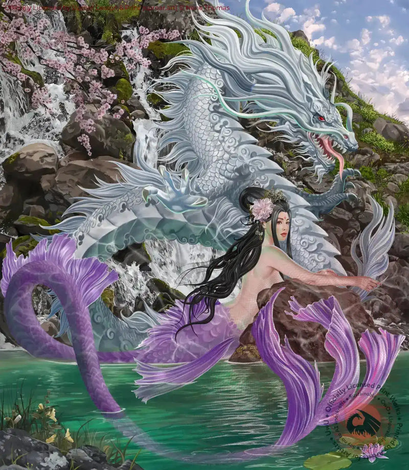 Waterfalls of Jade art print with dragon and mermaid