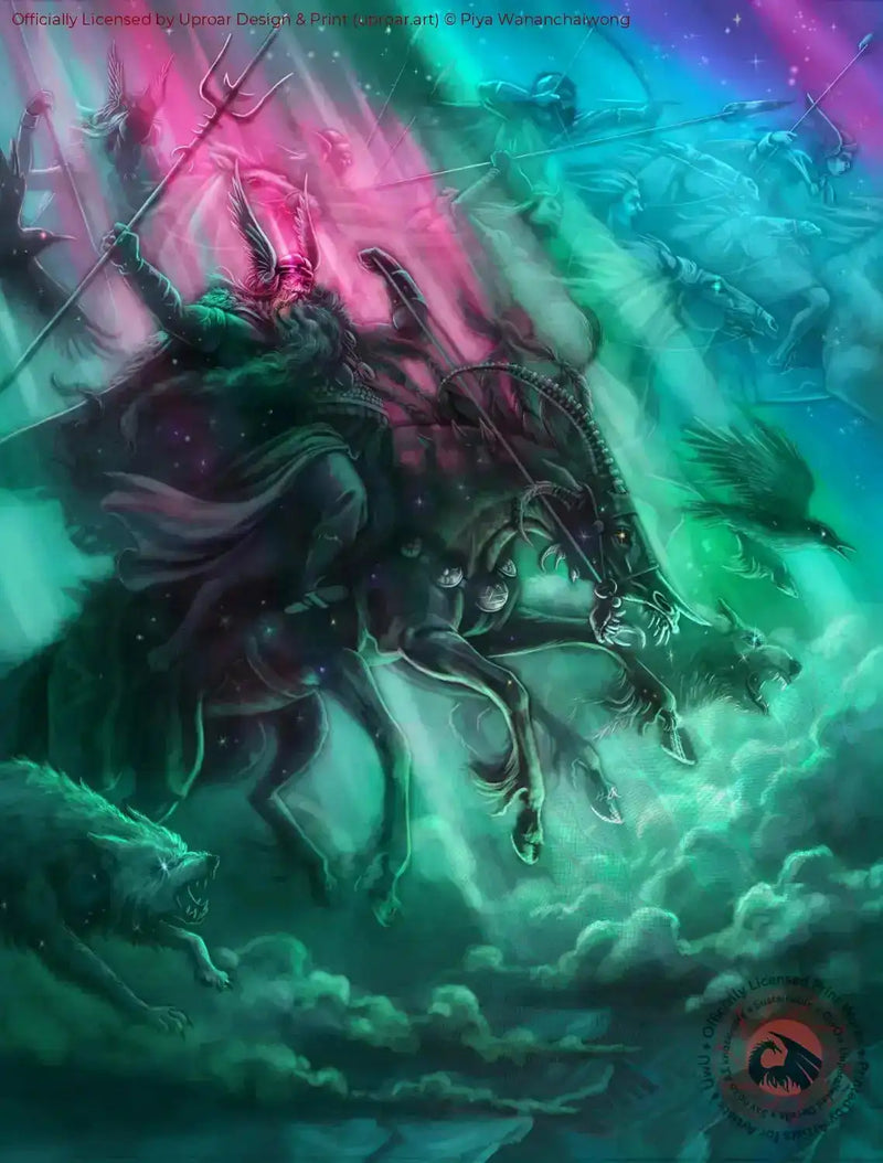 Fantasy artwork of a warrior riding a black horse with a glowing sword, surrounded by mystical creatures and vibrant colors