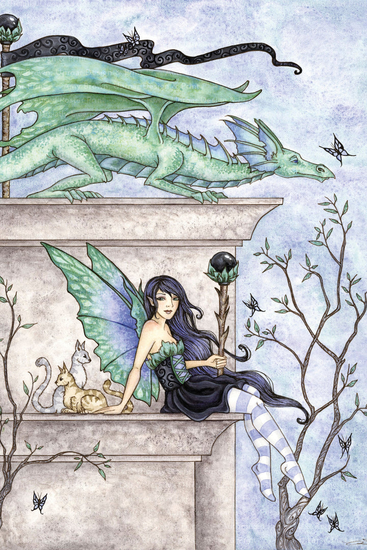 a drawing of a fairy sitting on a pedestal