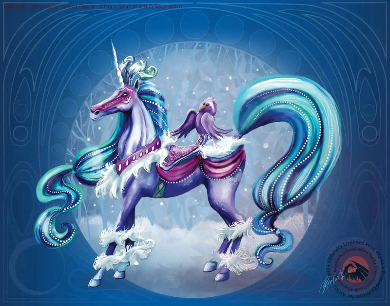 Fantasy unicorn with a bird on its back in winter scene