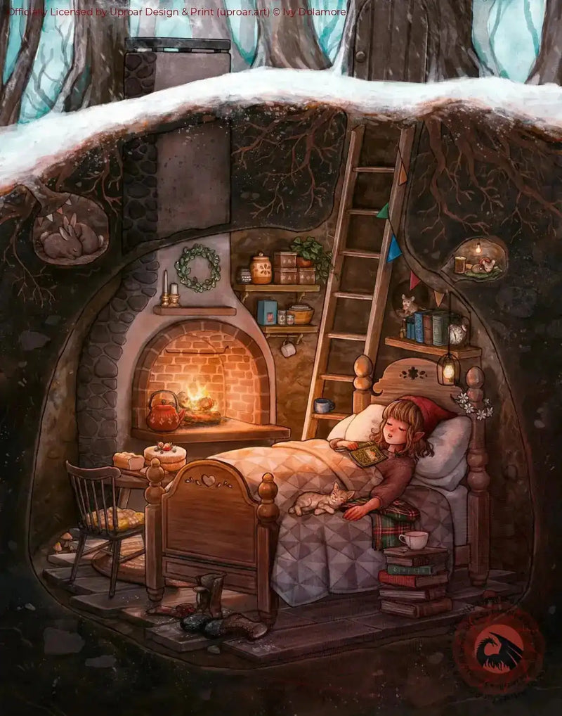 Fantasy woodland home with cozy fireplace and sleeping girl