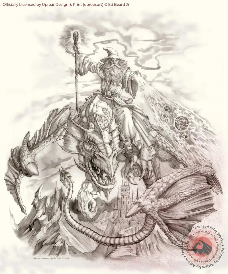 Fantasy wizard riding dragon print