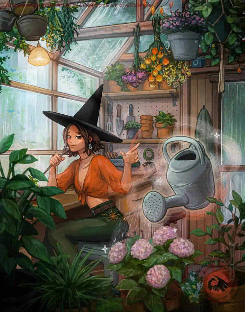 Witch’s Greenhouse art print with witch, plants, watering can, and garden tools