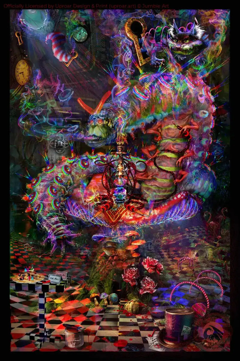 Colorful Wonderland Caterpillar art print with surreal fantasy elements