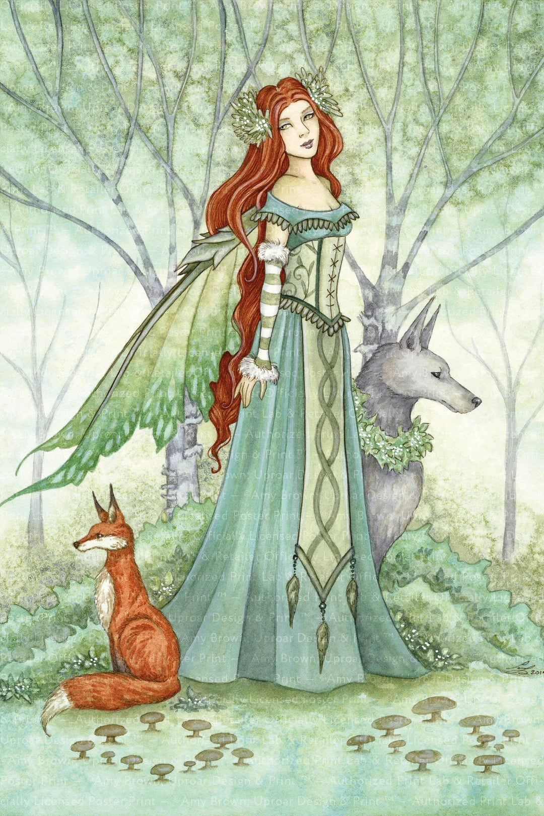 a painting of a woman and a fox in a forest