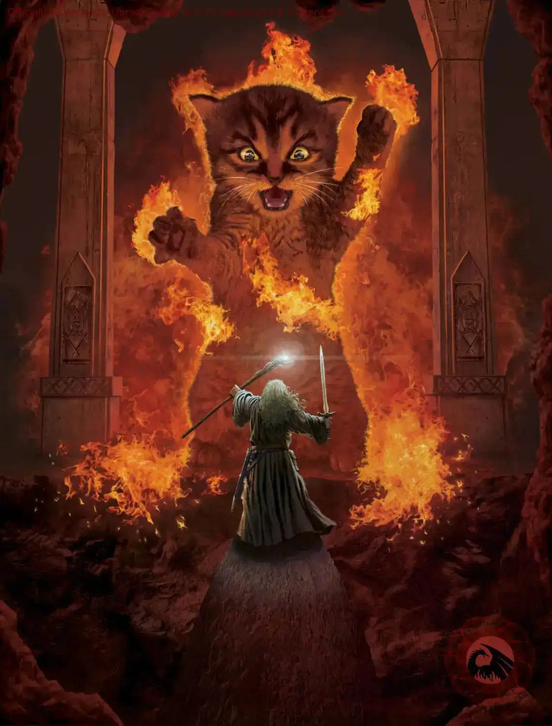 Epic fantasy art print of wizard confronting a giant fiery cat