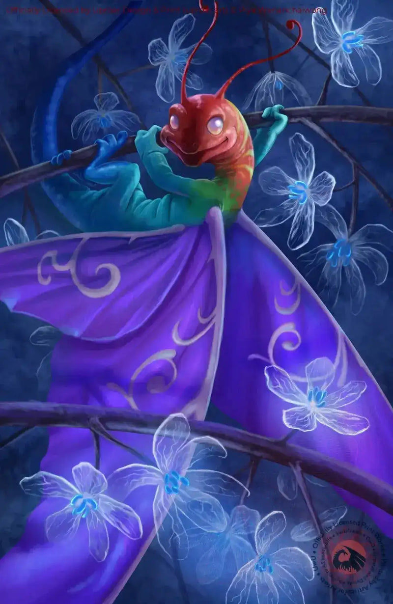 Colorful fantasy insect print with glowing flowers