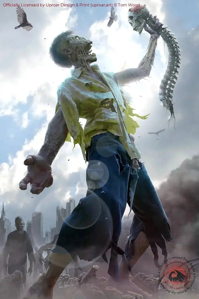 Zombie Scraps art print with undead figure holding a skull, dark fantasy style